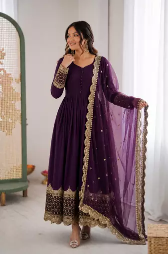 Purple georgette embroidered with sequin anarkali suit