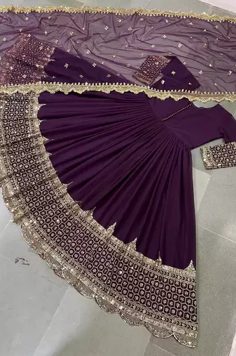 Purple georgette embroidered with sequin anarkali suit