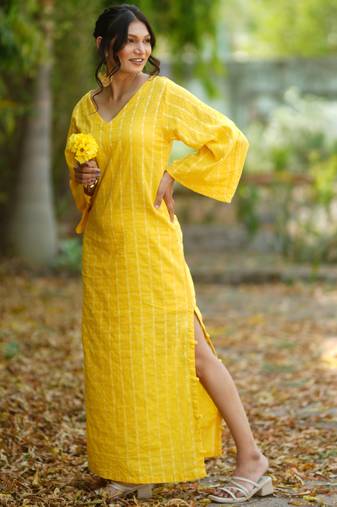 Yellow kantha cotton long sheath dress