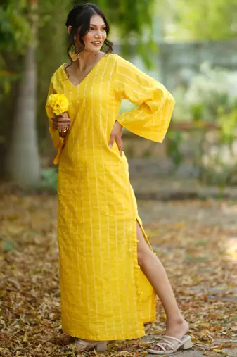 Yellow kantha cotton long sheath dress
