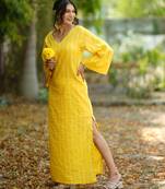 Yellow kantha cotton long sheath dress