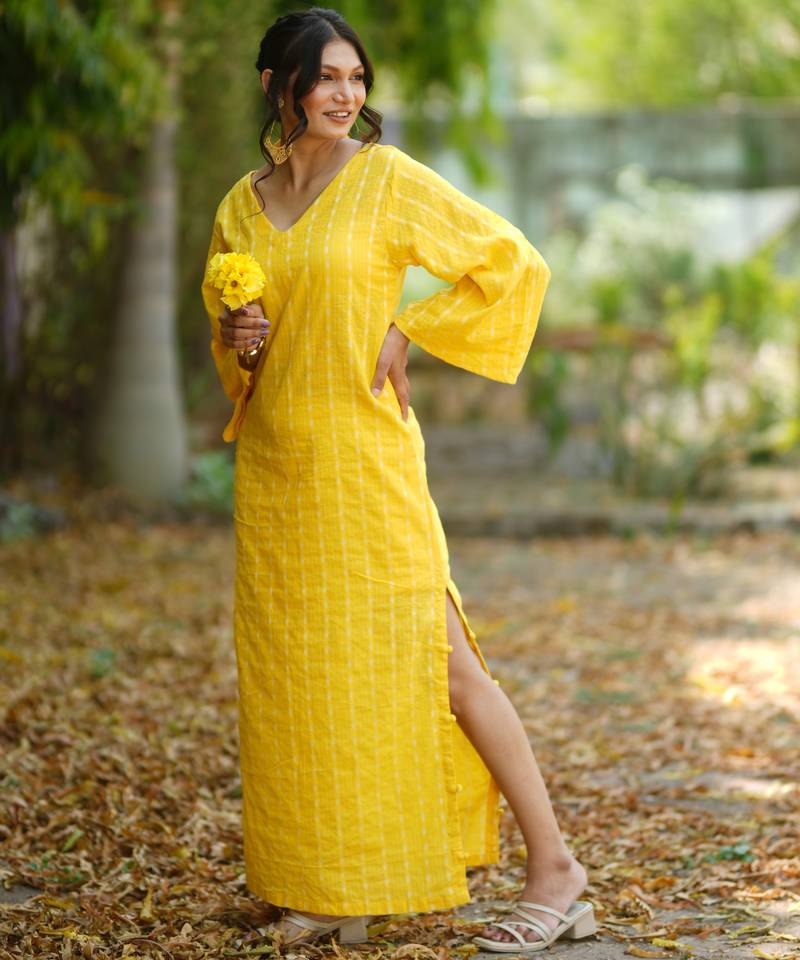 Yellow kantha cotton long sheath dress