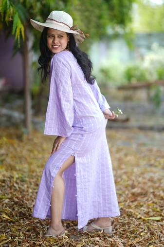 Lavender kantha cotton long sheath dress