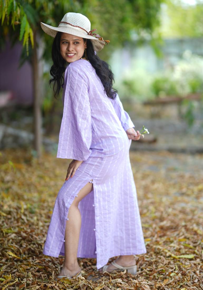 Lavender kantha cotton long sheath dress