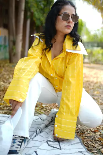 Yellow kantha cotton shirt