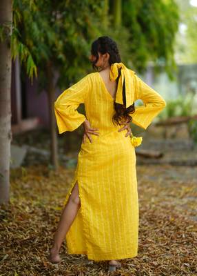 Yellow kantha cotton long sheath dress 2