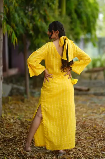 Yellow kantha cotton long sheath dress
