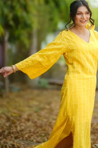 Yellow kantha cotton long sheath dress