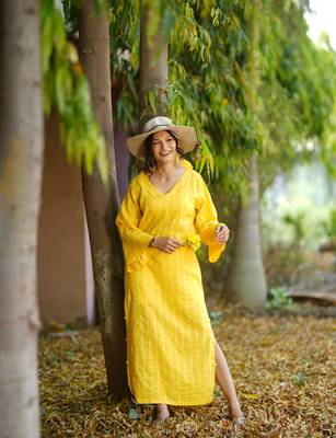 Yellow kantha cotton long sheath dress 4