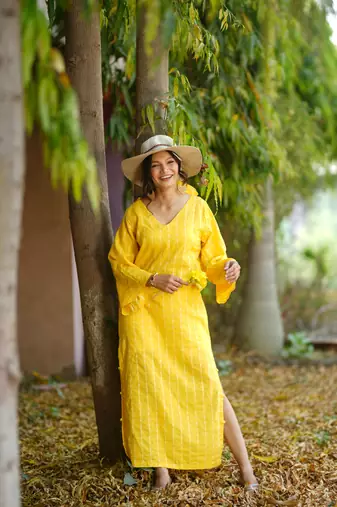 Yellow kantha cotton long sheath dress