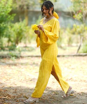 Yellow kantha cotton long sheath dress 5