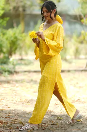 Yellow kantha cotton long sheath dress