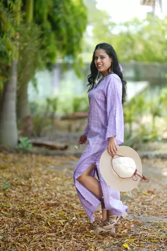 Lavender kantha cotton long sheath dress