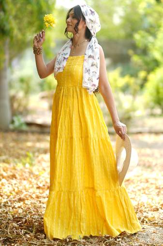 Yellow kantha cotton tiered maxi dress