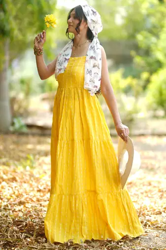 Yellow kantha cotton tiered maxi dress
