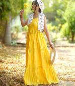 Yellow kantha cotton tiered maxi dress