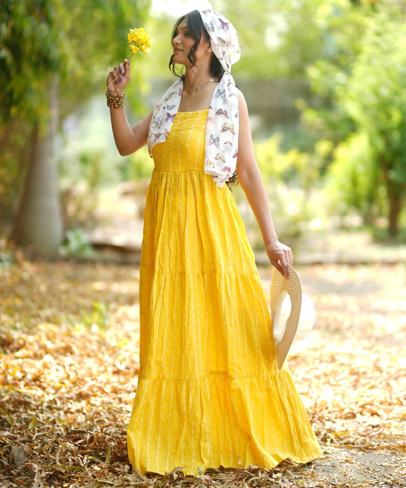 Yellow kantha cotton tiered maxi dress