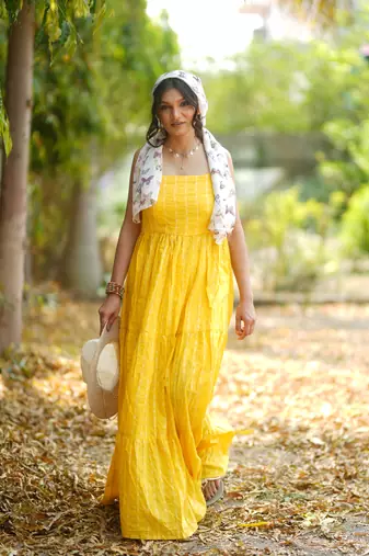 Yellow kantha cotton tiered maxi dress