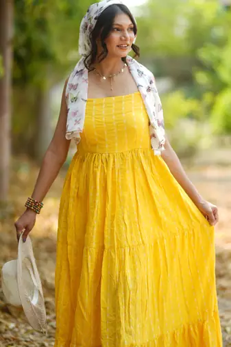 Yellow kantha cotton tiered maxi dress