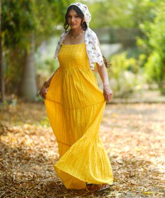 Yellow kantha cotton tiered maxi dress 4