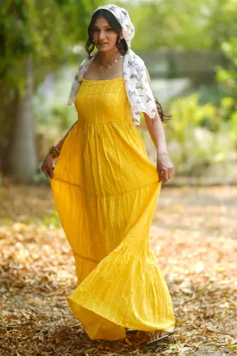 Yellow kantha cotton tiered maxi dress