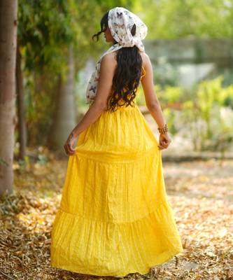 Yellow kantha cotton tiered maxi dress 5