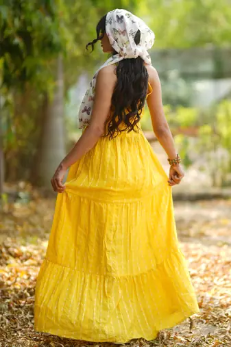Yellow kantha cotton tiered maxi dress