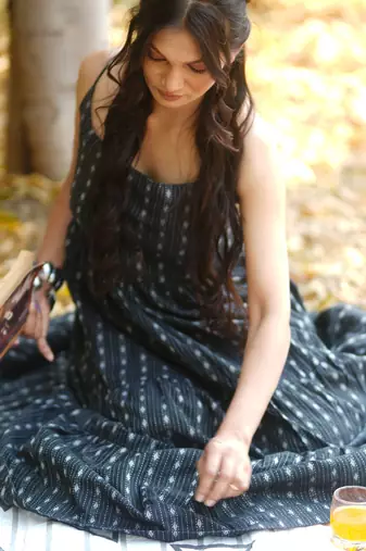 Black kantha cotton tiered maxi dress