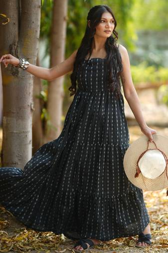 Black kantha cotton tiered maxi dress