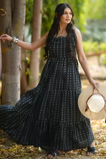 Black kantha cotton tiered maxi dress