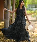 Black kantha cotton tiered maxi dress