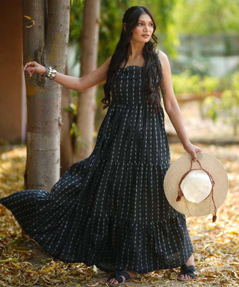 Black kantha cotton tiered maxi dress