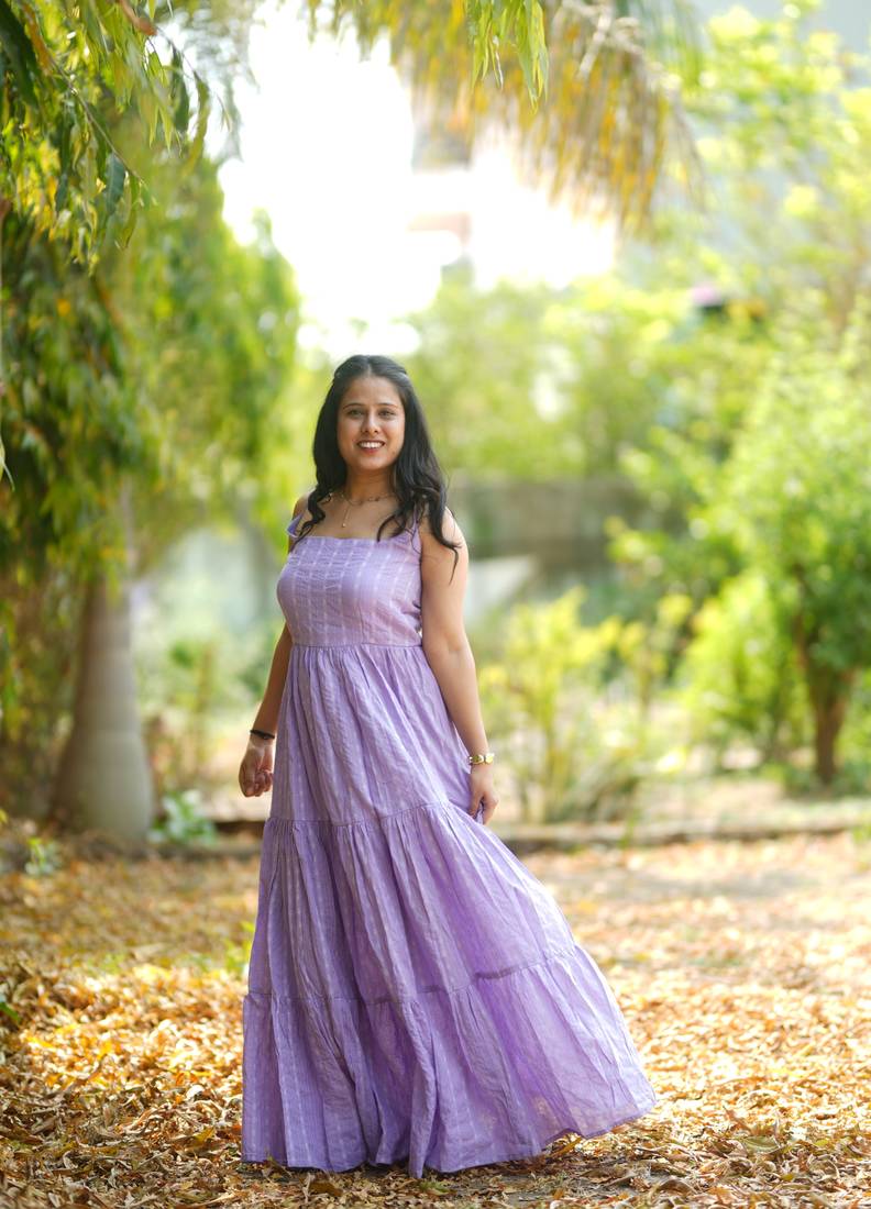 Lavender kantha cotton tiered maxi dress
