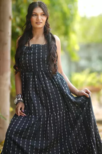 Black kantha cotton tiered maxi dress