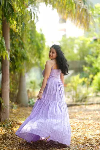 Lavender kantha cotton tiered maxi dress