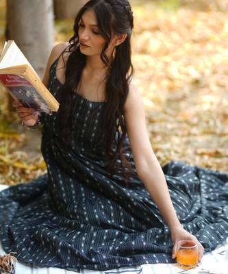 Black kantha cotton tiered maxi dress 4