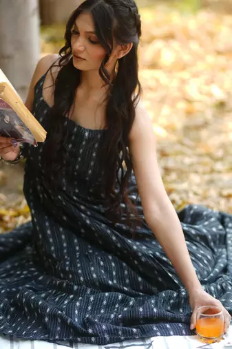 Black kantha cotton tiered maxi dress