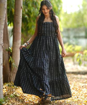 Black kantha cotton tiered maxi dress 5
