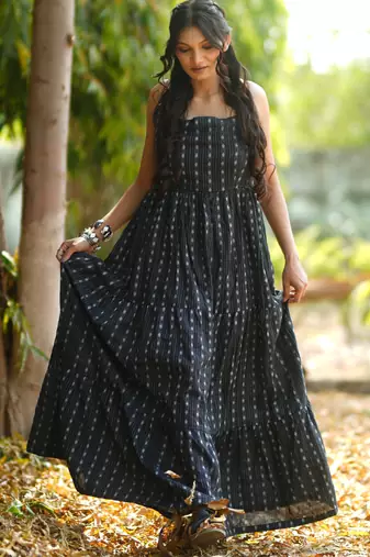 Black kantha cotton tiered maxi dress