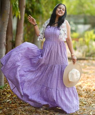 Lavender kantha cotton tiered maxi dress 5