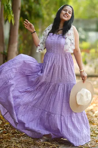 Lavender kantha cotton tiered maxi dress