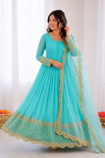 Sky blue georgette embroidered with sequin anarkali suit