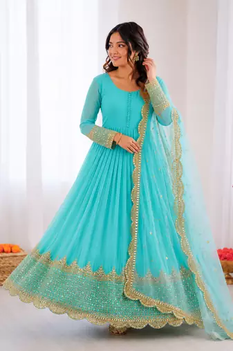 Sky blue georgette embroidered with sequin anarkali suit