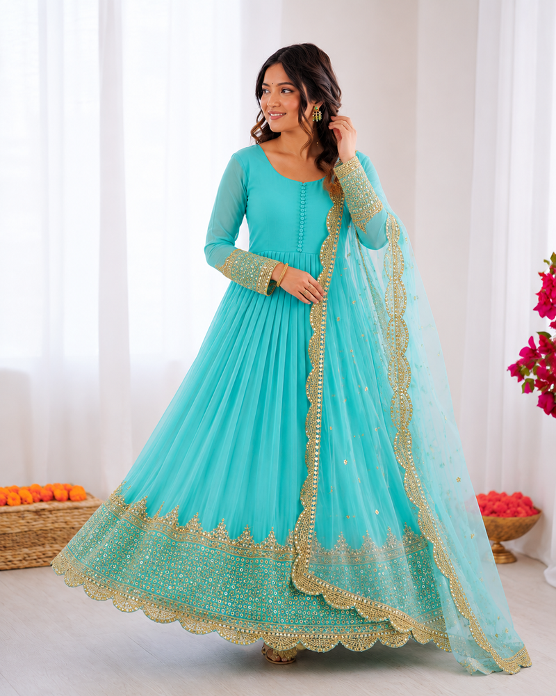 Sky blue georgette embroidered with sequin anarkali suit