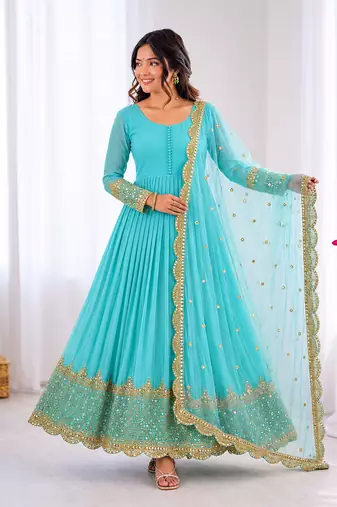 Sky blue georgette embroidered with sequin anarkali suit