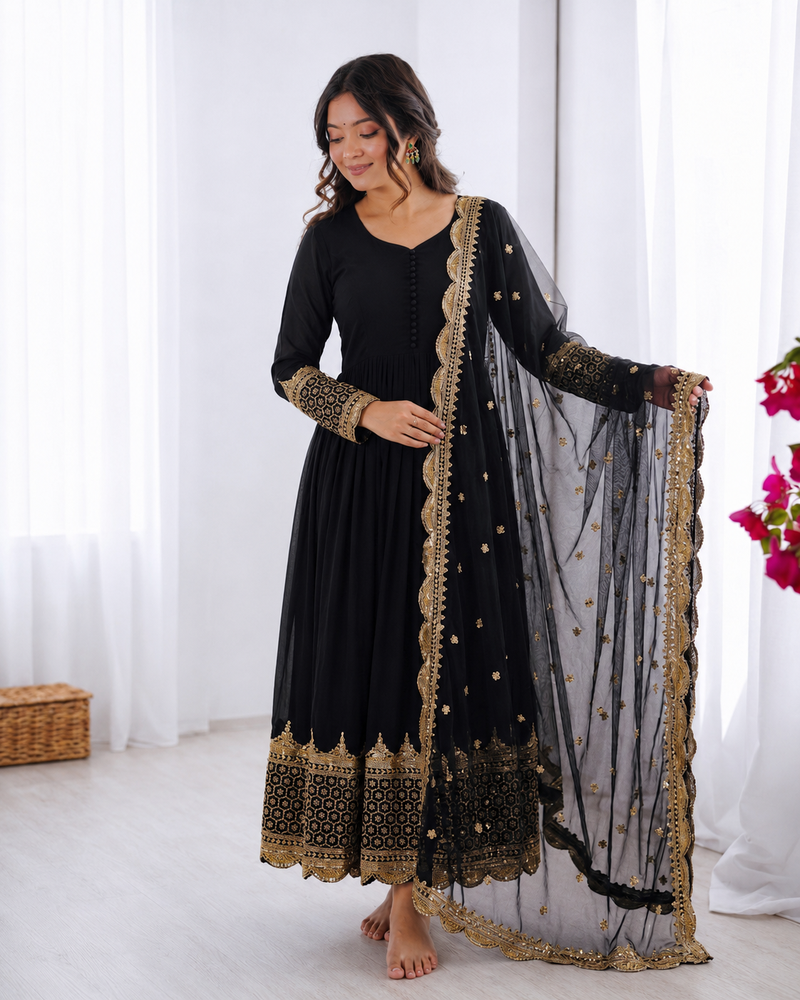 Black georgette embroidered with sequin anarkali suit