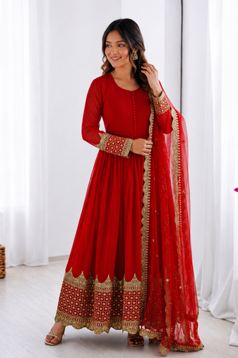 Red georgette embroidered with sequin anarkali suit