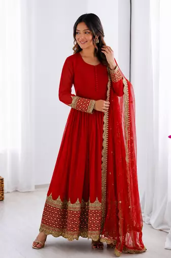 Red georgette embroidered with sequin anarkali suit
