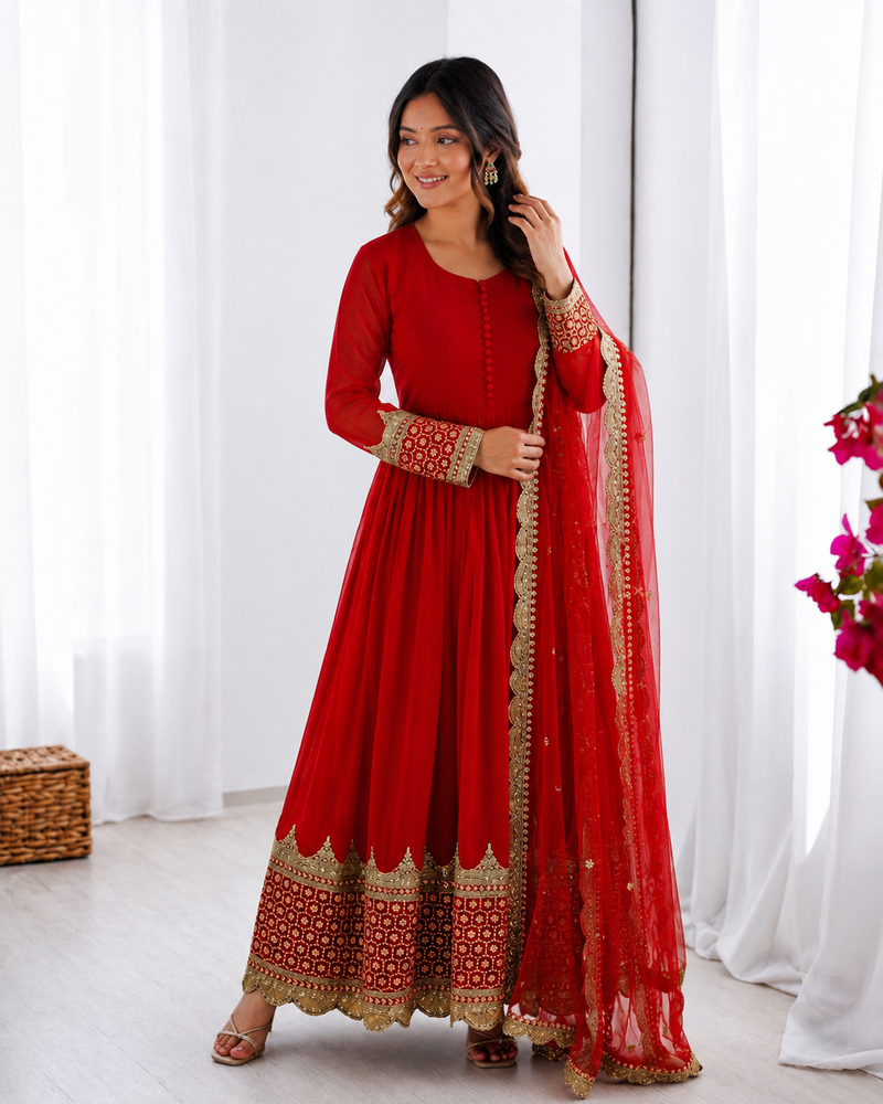 Red georgette embroidered with sequin anarkali suit