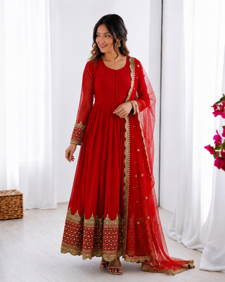 Red georgette embroidered with sequin anarkali suit 2